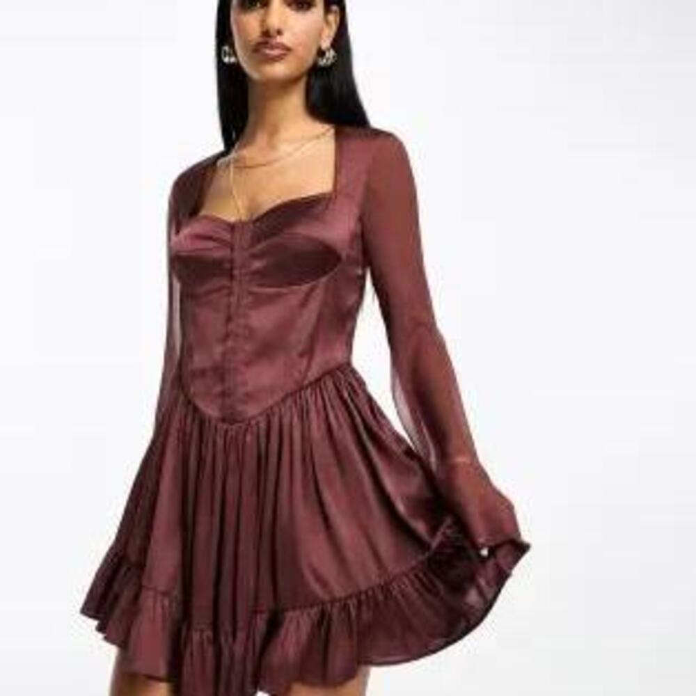 Red Bustier mixed satin and chiffon mini skater dress in plum